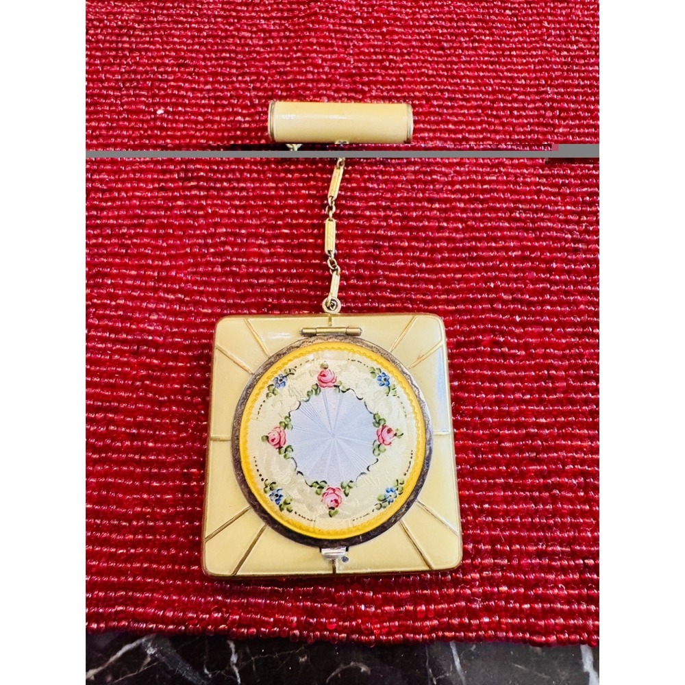 Vintage Art Deco Guilloché Enamel Compact w/ Lipstick Holder Chain Floral Vanity